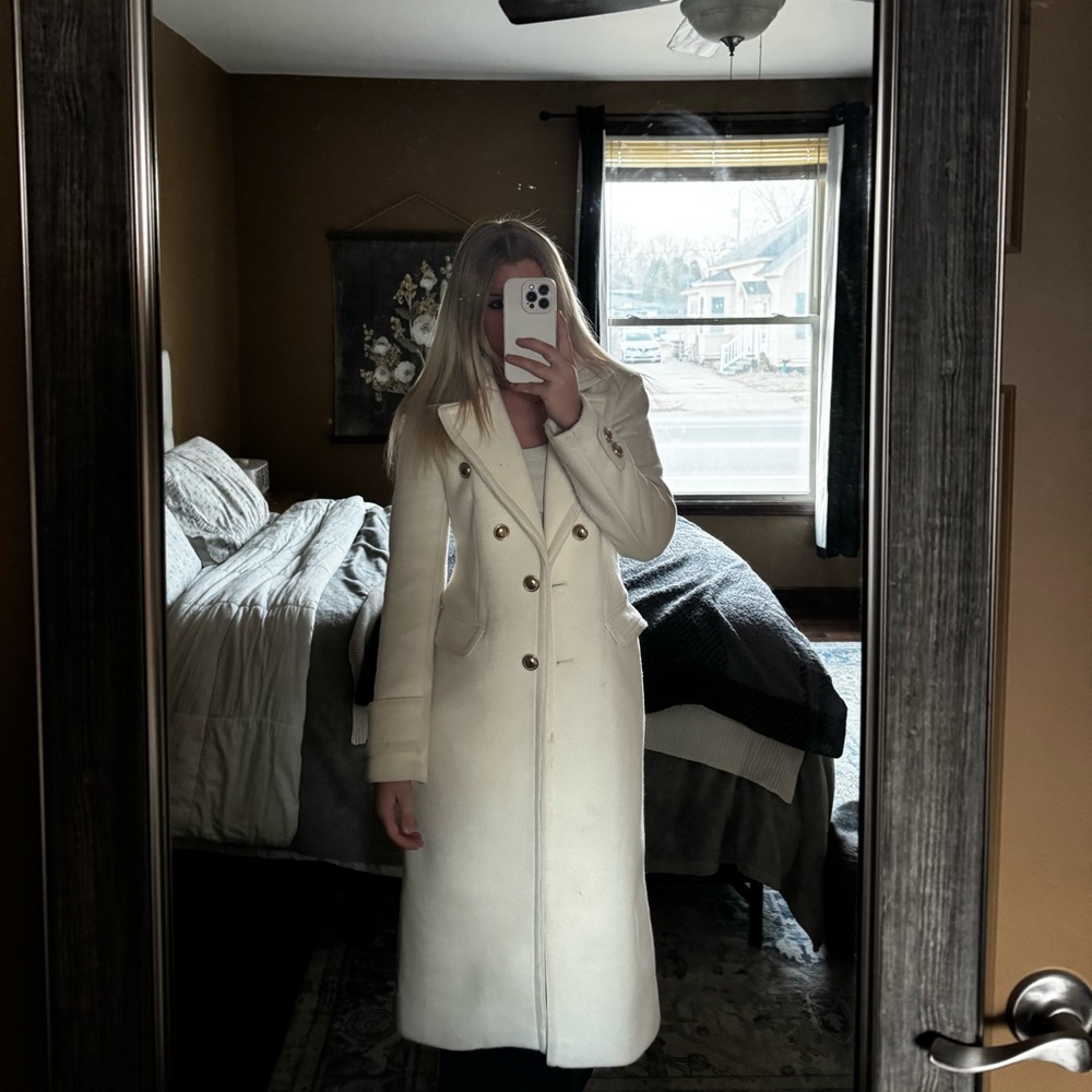 Express white trench coat with gold buttons